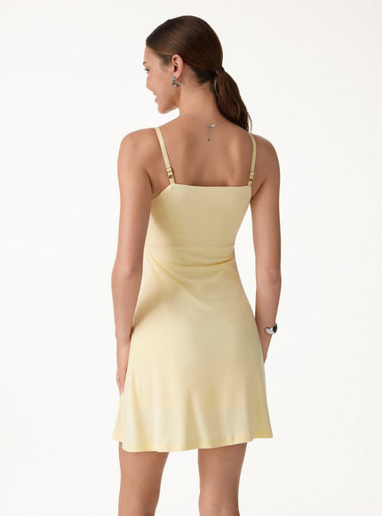 Matte Smooth Square Neck Ruched Spaghetti Mini Built-In Bra Dress