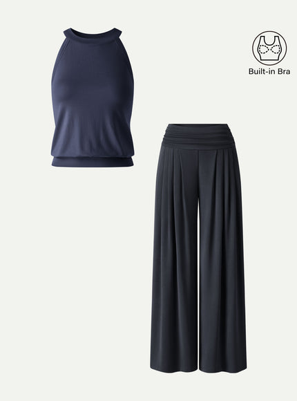 2Pcs Set Halter Neck Built-In Bra Tank & Tucked Pant with Pockets
