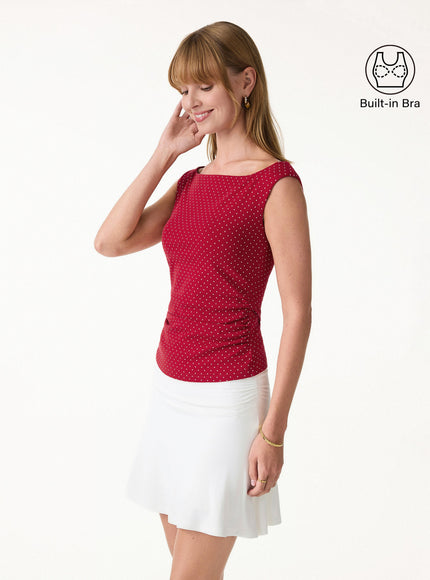 Stretch Cotton Polka Dot Boatneck Ruched Built-In Bra Top Limited Edition