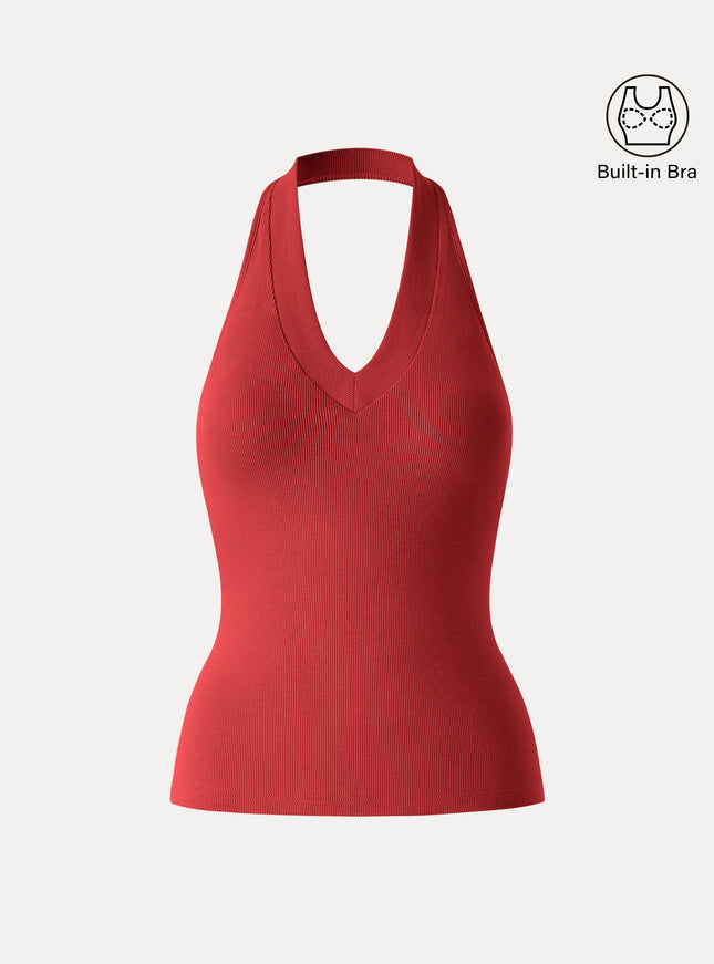 Halter Neck Open Back Built-In Bra Tank