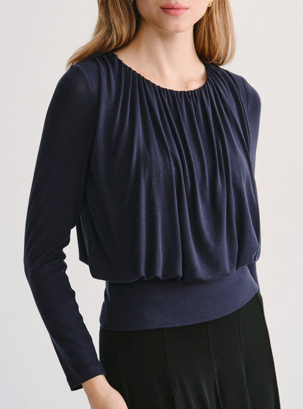 Lyocell-Wool Round Neck Long Sleeve Tucked Built-In Bra Top