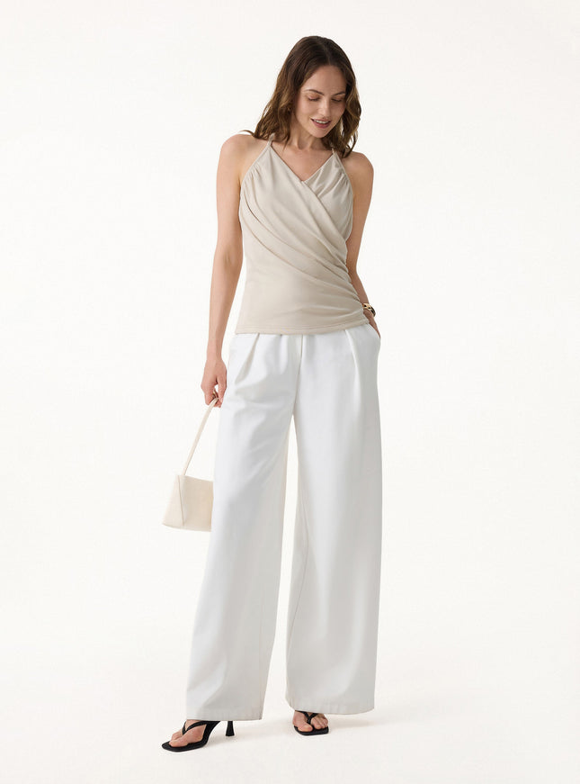 Modal Halter Neck Surplice Ruched Bandless Built-In Bra Top