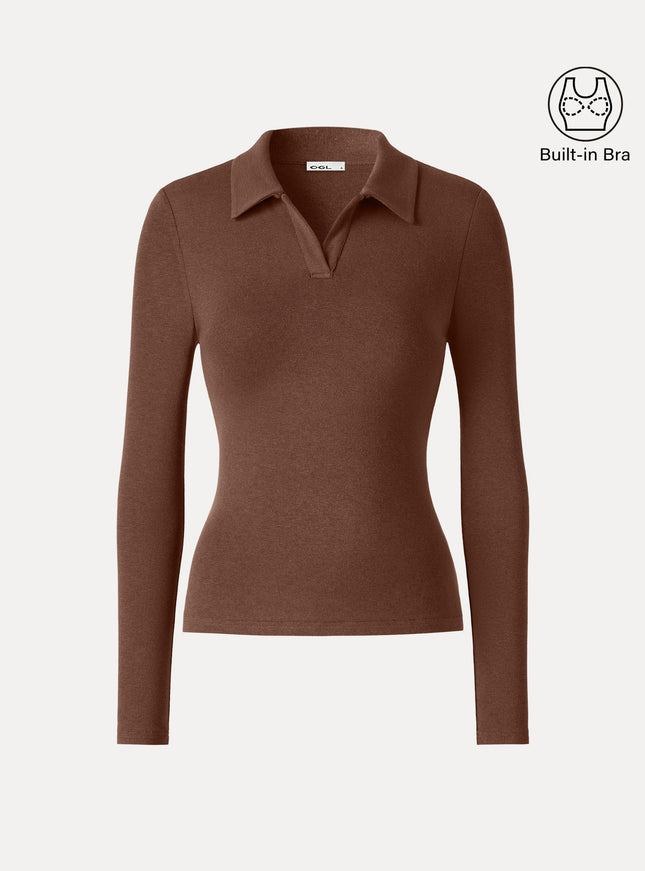 Office Staple V-Neck Lapel Long Sleeve Built-In Bra Top