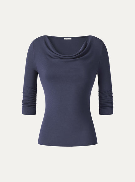 Lyocell-Wool Cowl Neck 3/4 Sleeve Ruched Cuff Top
