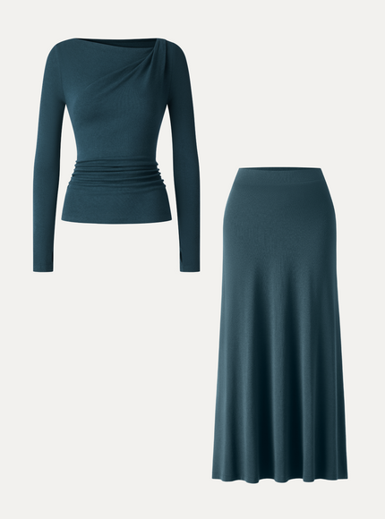 2Pcs Set Asymmetrical Neck Ruched Top & High-Rise A-Line Maxi Skirt