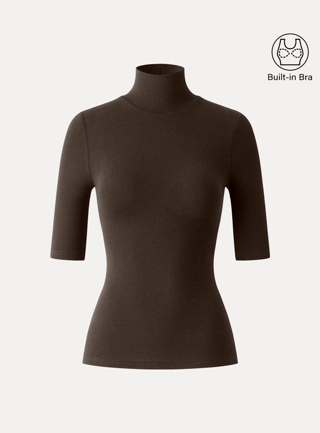 Essential Turtleneck Elbow Length Sleeve Built-In Bra Top - Midnight Navy