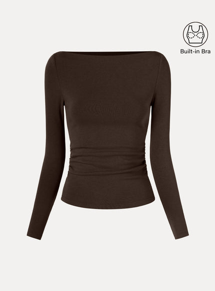 Modern Side Ruched Boatneck Built-In Bra Top