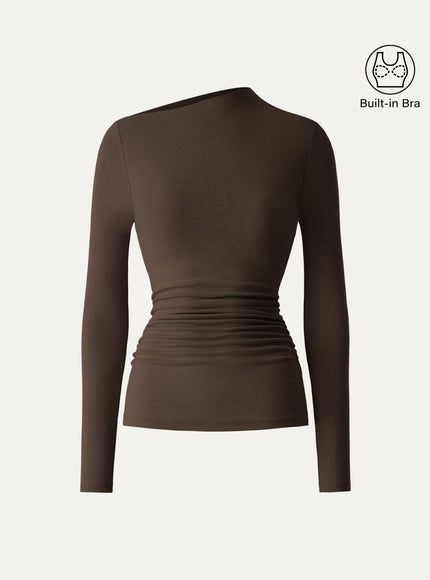 Slanted Mockneck Ruched Built-In Bra Top