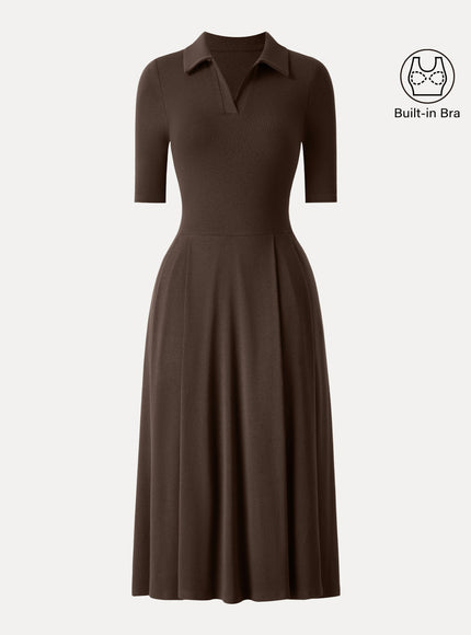 Polo Neck Elbow Length Sleeve Midi Built-In Bra Dress with Pockets