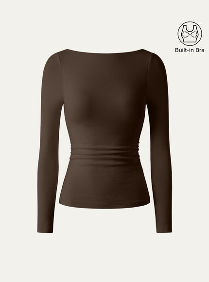 Boatneck Long Sleeve Open-Back Ruched Built-In Bra Top