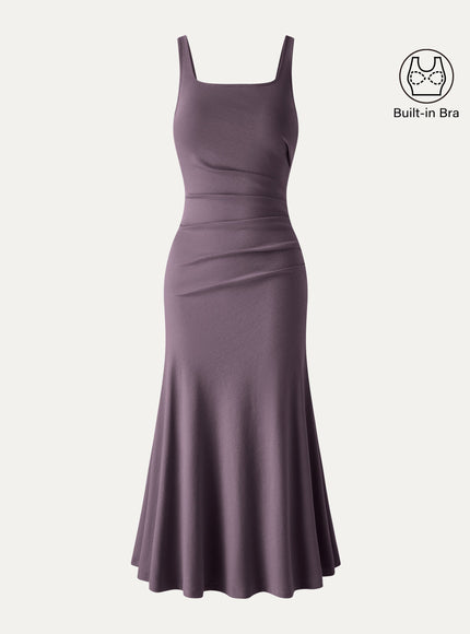 Square Neck Tucked Open Back Built-In Bra Dress
