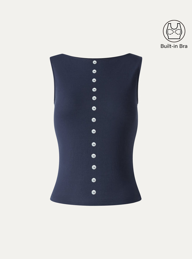 Cotton-Linen Boatneck Cropped Built-In Bra Top