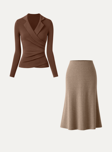 2Pcs Set Collared Surplice Top & Soft Thermal Pull-On Midi Skirt