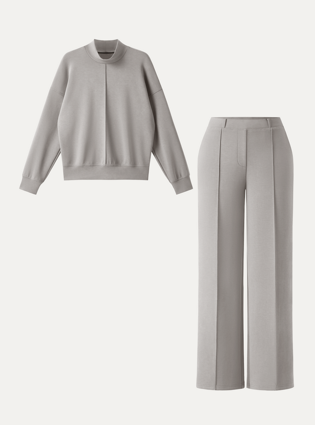 2Pcs Set Mockneck Pullover Shirt & Mid Rise Straight Leg Pants with Pockets