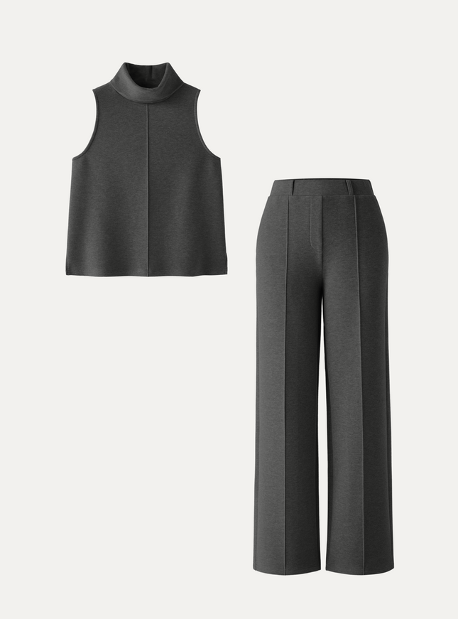 2Pcs Set Petite High Waisted Warm Straight Leg Pull On Pant & Split Hem Top