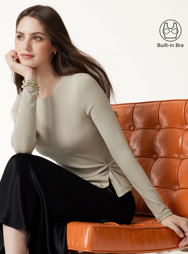 Round Neck Long Sleeve Twist-Hem Built-In Bra Top