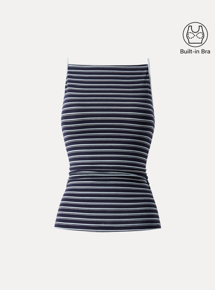 Striped Side Ruched Spaghetti New Airy Built-In Bra Tank