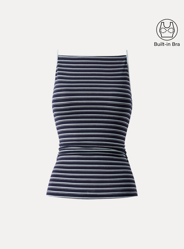 Striped Side Ruched Spaghetti New Airy Built-In Bra Tank