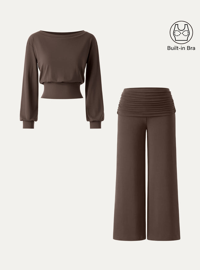2Pcs Set Boatneck Built-In Bra & Drapey Wide Leg Pull-on Pants with Pockets