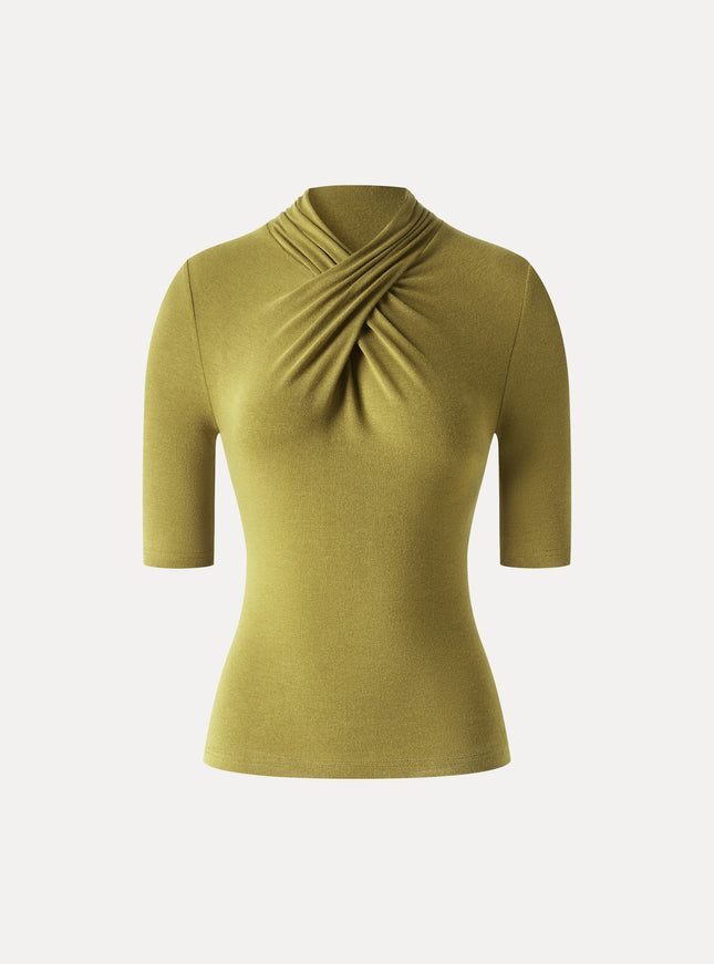 Crisscross Mock Neck Elbow Sleeve Ruched Top