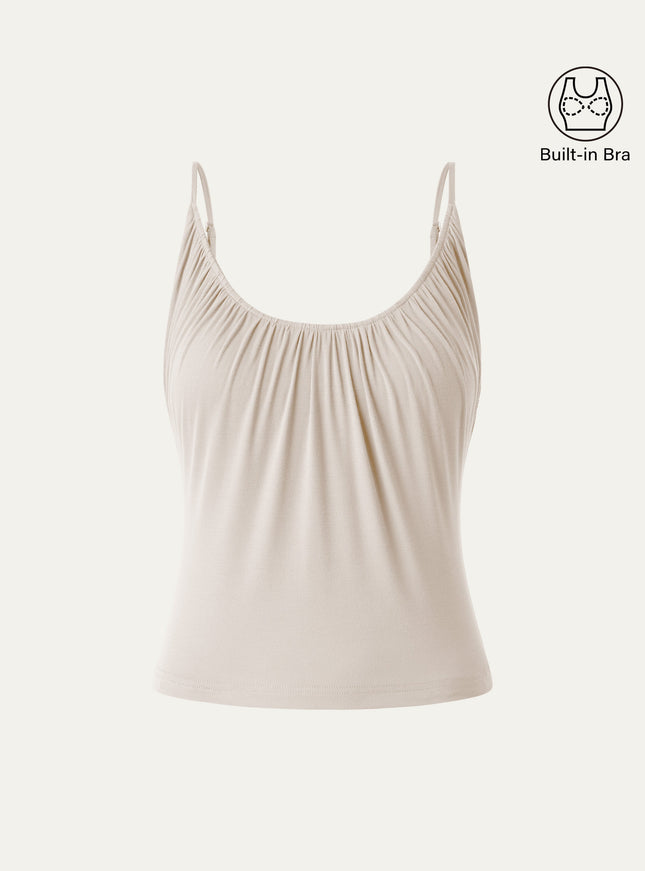 Scoop Neck Gathered Spaghetti Built-In Bra Tank