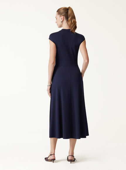 Ponte Mock Neck Ruched A-Line Midi Dress with Pockets