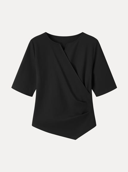 Ponte Surplice Elbow Sleeve Asymmetrical Hem Top