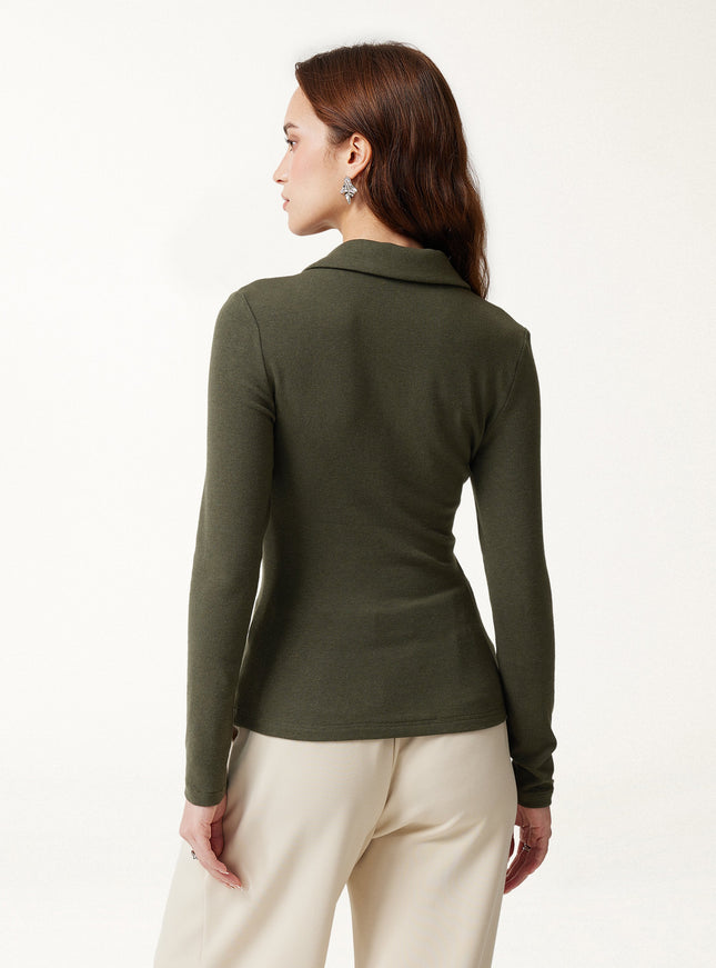 Office Staple V-Neck Lapel Long Sleeve Built-In Bra Top