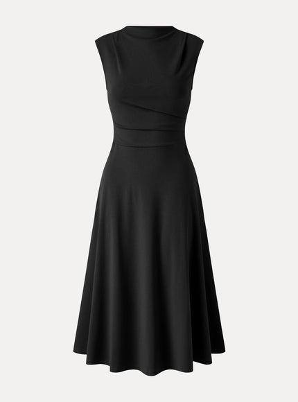 Viscose-Cotton Mock Neck Sleeveless Tucked Midi Dress