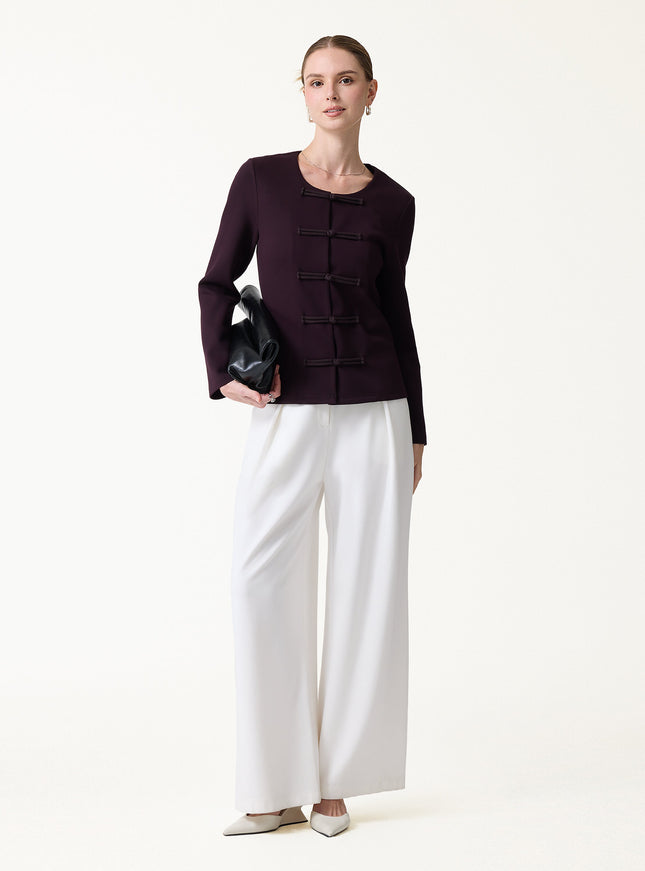 Stretch Ponte Frog-Button Round Neck Long Sleeve Jacket