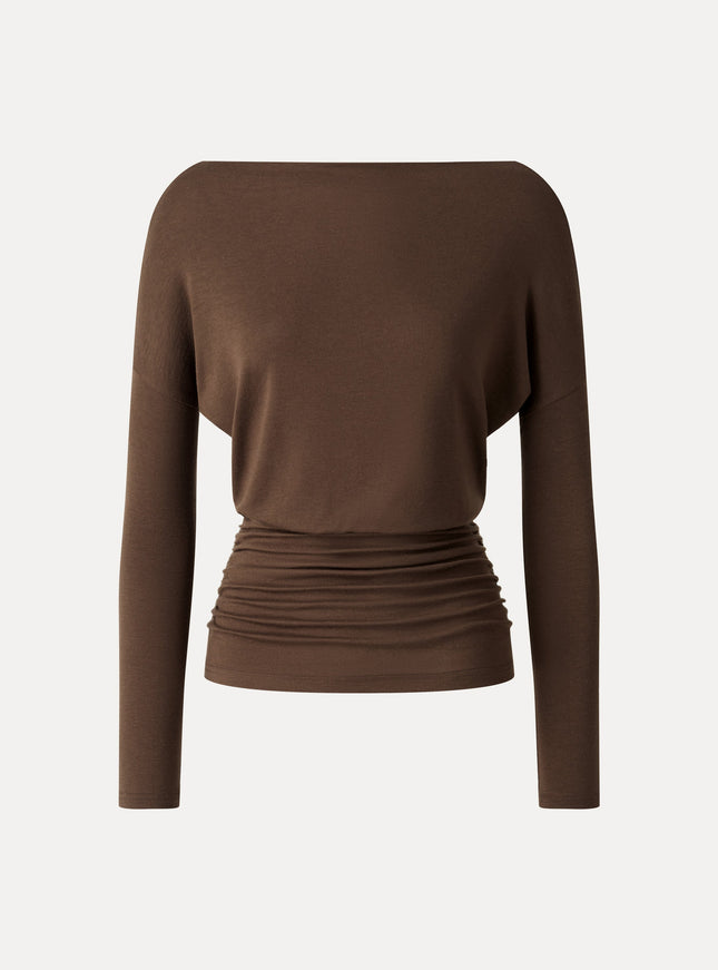 Lyocell-Wool Slash Neck Long Sleeve Ruched Banded Hem Top