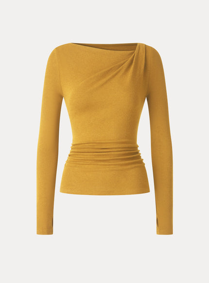 Asymmetrical Neck Long Sleeve Ruched Top
