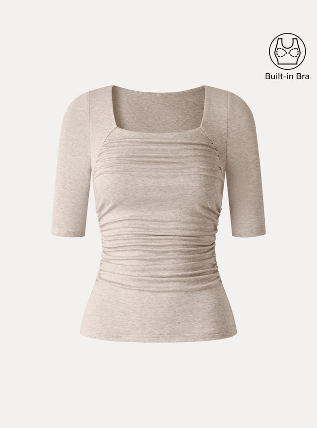 Lyocell-Wool Square Neck Elbow Sleeve Ruched Built-In Bra Top
