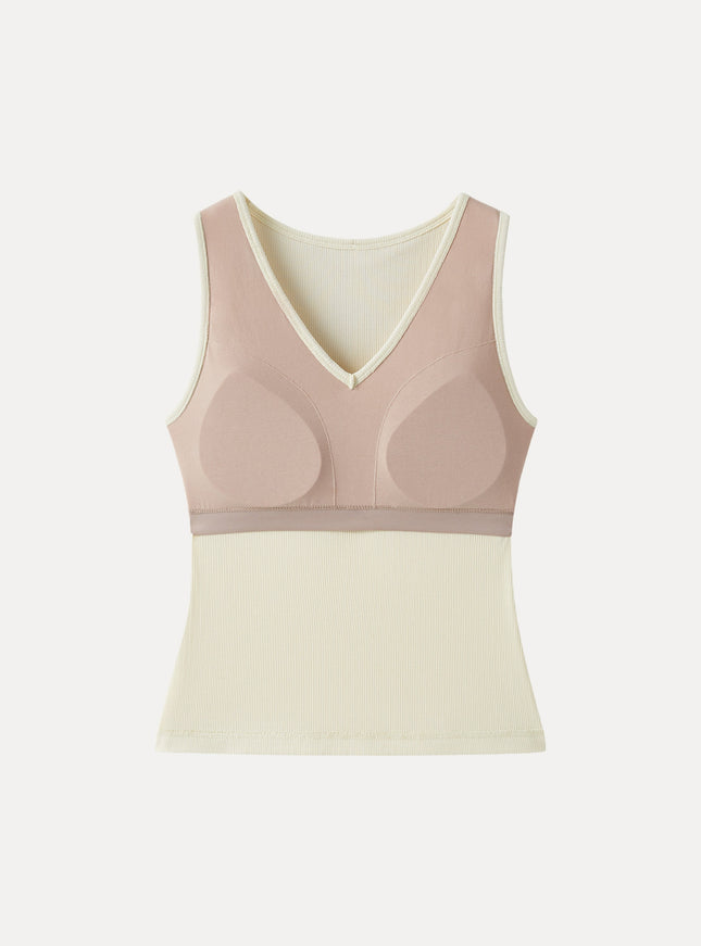 Stretch Cotton Pointelle V-neck Sleeveless Built-In Bra Tank