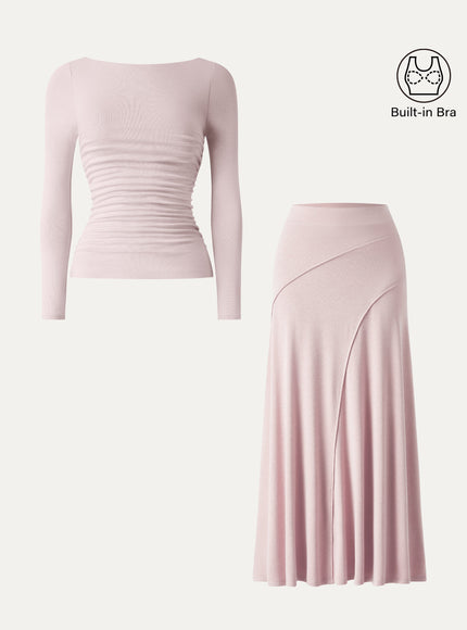 2Pcs Set Boatneck Built-In Bra Top & Drapey A-Line Maxi Skirt