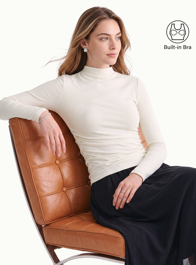 Mock Neck Long Sleeve Ruched Built-In Bra Top