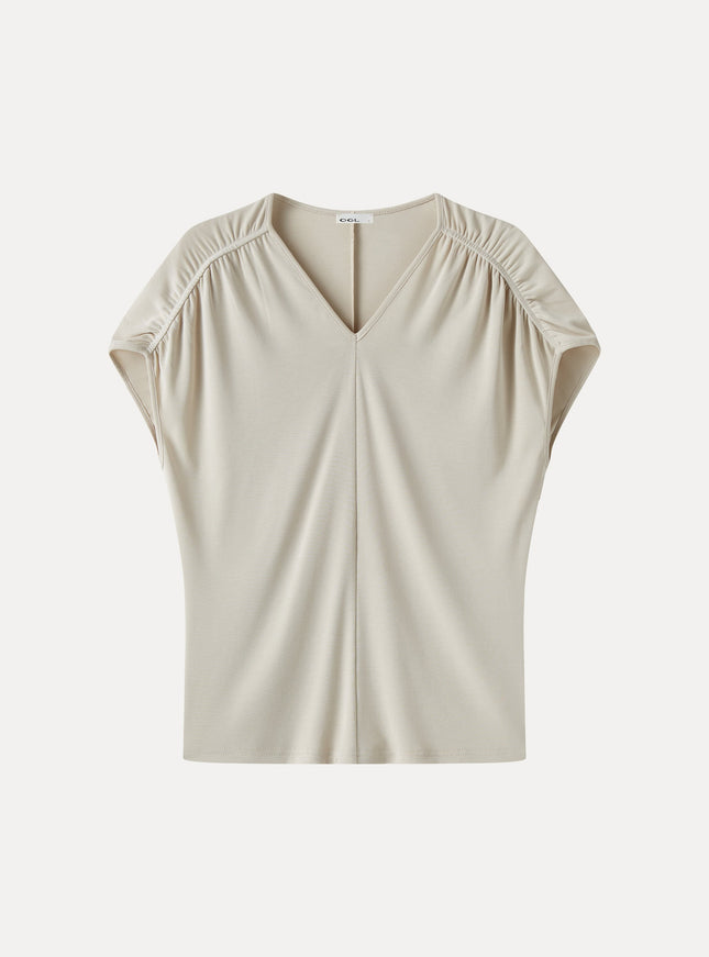 Modal Relaxed V-Neck Gathered Shoulder Top