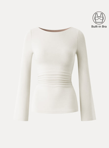 Round Neck Bell Sleeve Ruched Built-In Bra Top