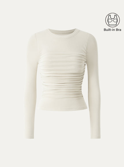 Roundneck Long Sleeve Ruched Built-In Bra Top