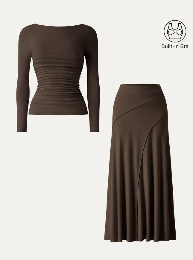 2Pcs Set Boatneck Built-In Bra Top & Drapey A-Line Maxi Skirt