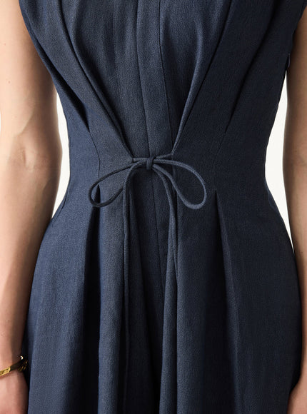 Viscose-Linen Collared V-neck Midi Dress with Drawstring