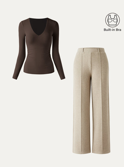 2Pcs Set V-Neck Side-Tuck Built-In Bra Top & High Waisted Warm Straight Leg Pull On Pant