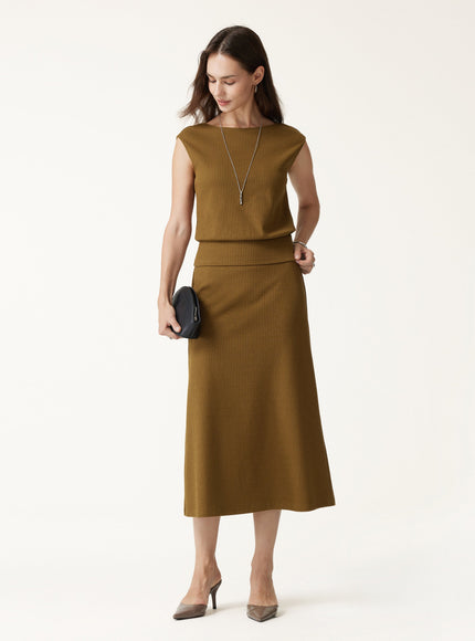 Textured Cotton Blend Mid-Rise A-Line Midi Skirt