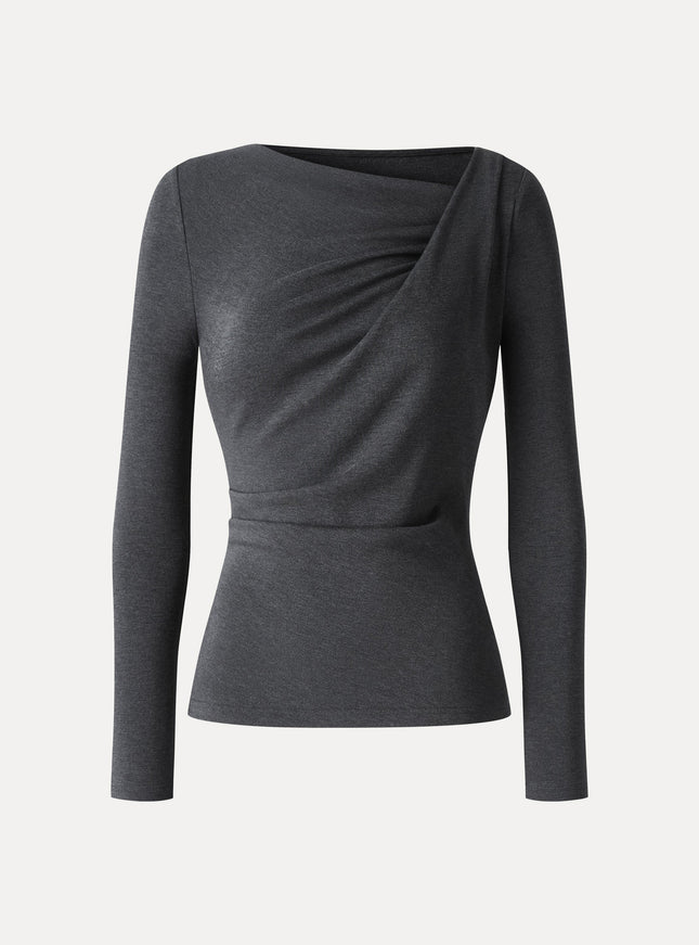 Asymmetrical Neck Long Sleeve Tucked-Waist Top