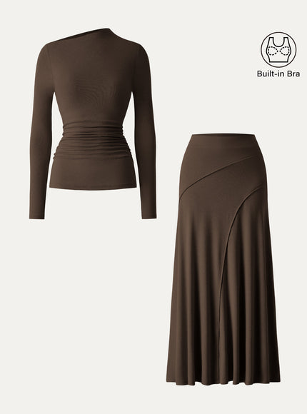 2Pcs Set Asymmetrical Long Sleeve Built-In Bra Top & A-Line Midi Skirt