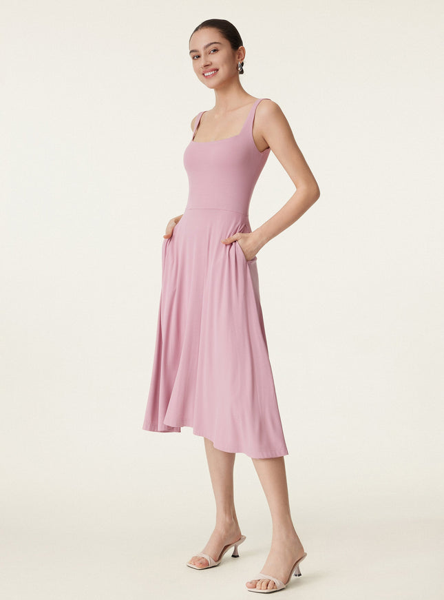 Square Neck Flowy New Airy Bra Midi Dress