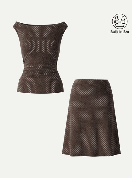 2Pcs Set Polka Dot Boatneck Built-In Bra & A-Line Flare Skirt Limited Edition
