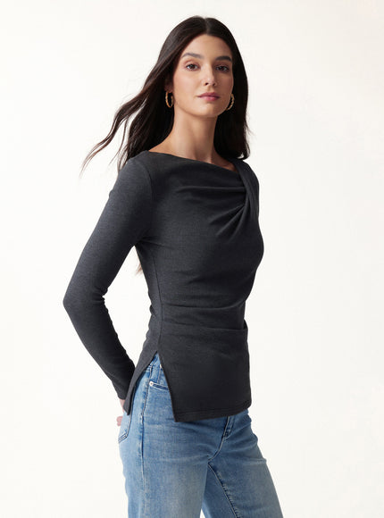 Asymmetrical Neck Long Sleeve Tucked-Waist Top