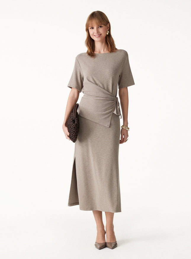 2Pcs Set Short Sleeve Tie-Side Top & Side-Slit A-Line Midi Skirt