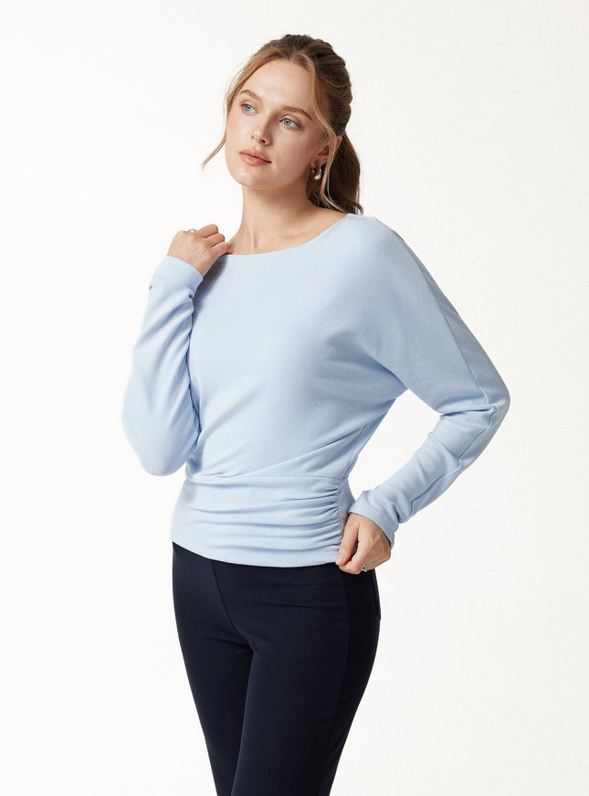 Slash Neck Batwing Sleeve Ruched Banded Hem Top